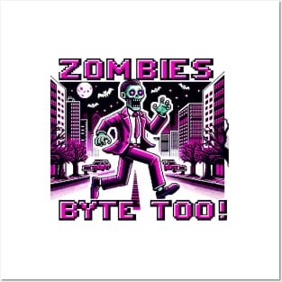 Neon Pink 8-Bit Zombie Chase in Cyberpunk City: Retro Gaming Art Posters and Art